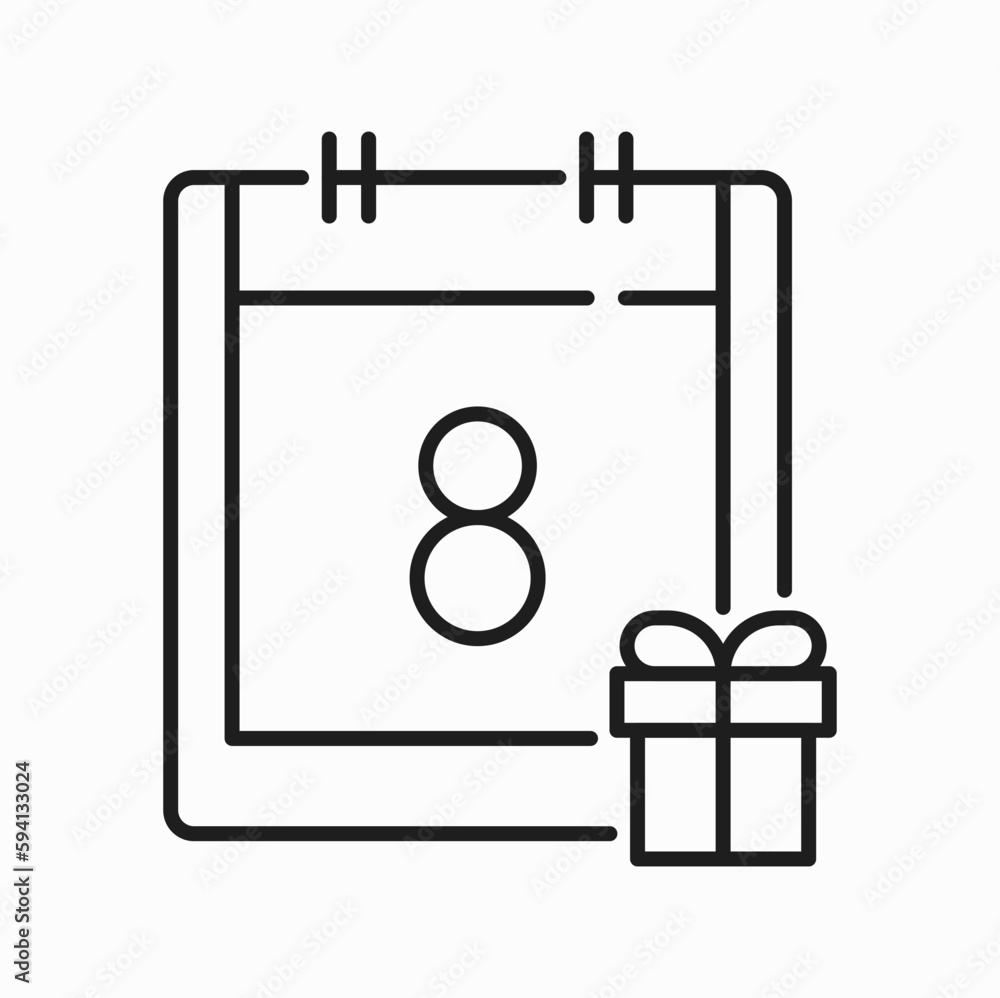 Poster Calendar planner isolated birthday notification line icon. Vector check party date in monthly schedule, save date for special celebration, checkmark on day