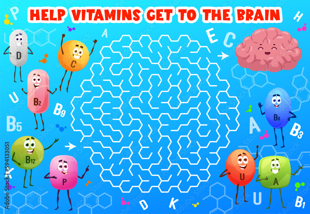 Poster labyrinth maze game cartoon vitamin or micronutrient characters. kid vector boardgame riddle with d,