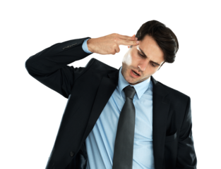 Business man, gun gesture and isolated on transparent, png background for depression, mental health risk and stress. Frustrated corporate person, entrepreneur or employee shooting his head with hand