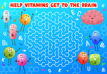 Labyrinth maze game cartoon vitamin or micronutrient characters. Kid vector boardgame riddle with D, C, B2 and B12, P, B9 U or A capsules searching correct path to brain. Educational test for children
