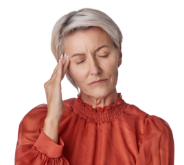 Pain, headache and senior woman isolated on transparent, png background for confused, mental health or thinking problem. Brain fog, stress or tired elderly person in work decision, memory or anxiety