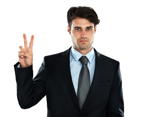 Portrait, business and man with peace sign, serious and entrepreneur isolated against a transparent background. Face, male professional and employee with v gesture, png and mindset for development