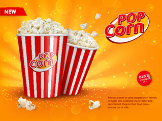 Cinema popcorn buckets poster. Movie theater snack crunchy sweetcorn, fast food cafe sweet snack or takeaway fluffy meal promo realistic vector leaflet. Party salty dessert 3d flyer or ad poster - obrazy, fototapety, plakaty