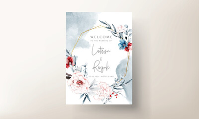 wedding invitation card template with red and blue flowers floral frame watercolor