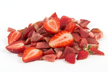 sliced strawberries and crispy bacon arranged on a white background. Generative AI