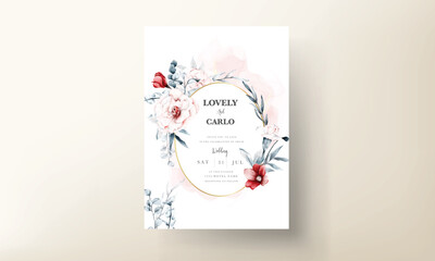 wedding invitation card template with red and blue flowers floral frame watercolor