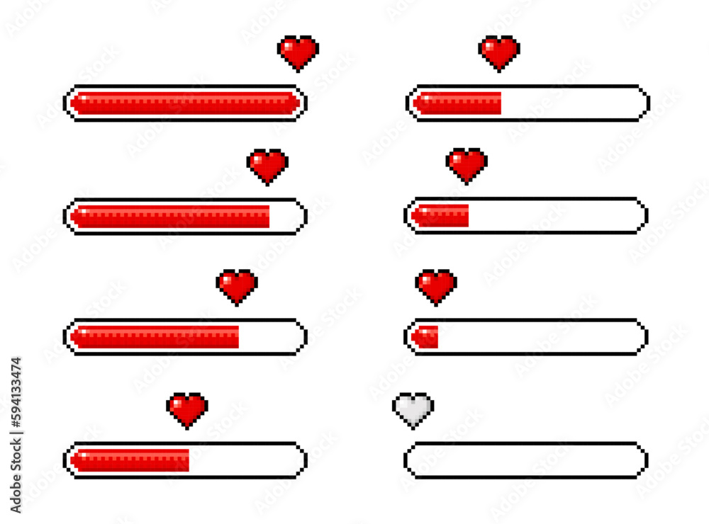 Poster pixel heart loading bars for 8 bit game icons vector video arcade assets. pixel heart loading progre