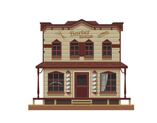 Western Wild West barber shop town building. Cartoon old wood house of vector hair salon with retro barbershop pole, hairdresser scissors and comb vintage signboard, wooden door, windows and porch