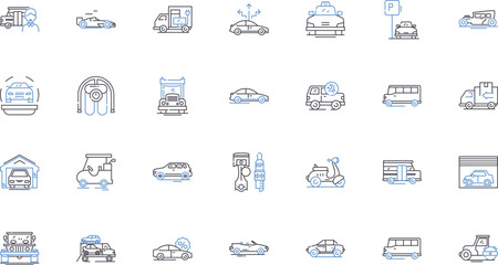 Buses line icons collection. Transportation, Commute, Travel, Public, Route, Driver, Ride vector and linear illustration. Passenger,Transit,Convenience outline signs set