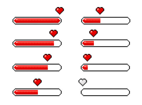 Pixel heart loading bars for 8 bit game icons vector video arcade assets. Pixel heart loading progress bar with half, full and empty load, video game user or gamer life, energy and health meter status