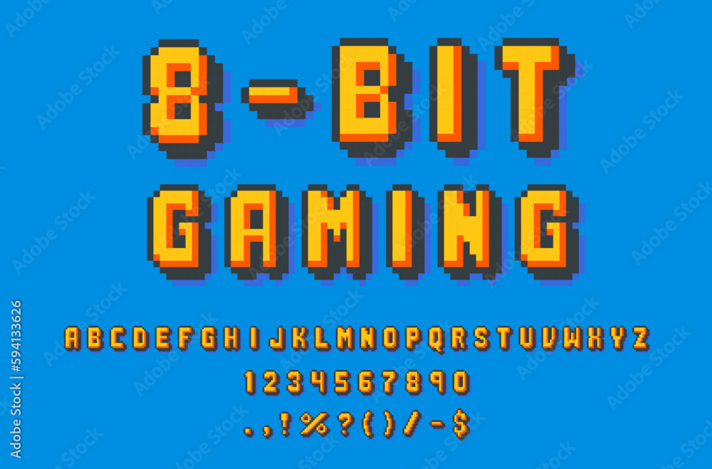 Poster 8 bit pixel font type and game typeface alphabet, vector retro letters and numbers. 8 bit pixel art 