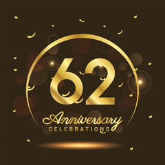 62 years anniversary Half moon anniversary with confetti and a light gold effect on a black and brown background