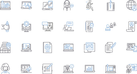 Geographically dispersed unit line icons collection. Remote, Scattered, Dispersed, Spanning, Widespread, Isolated, Far-flung vector and linear illustration. Distributed,Remote-working,Fragmented