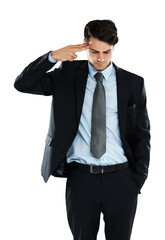 Depression, stress and businessman with finger gun for problem, mistake or mental health. Anxiety, suicide and young executive depressed after business fail isolated on a transparent png background