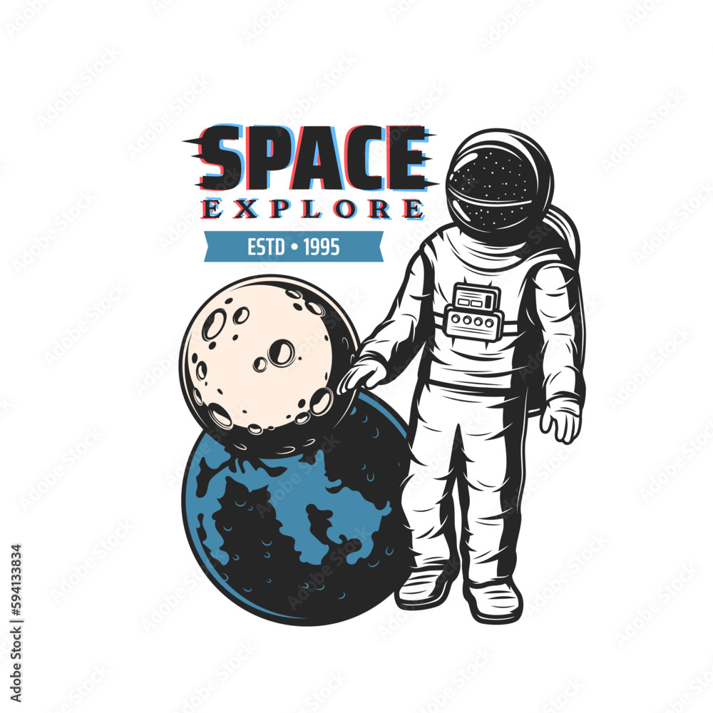 Poster Astronaut and space planets, spaceman in spacesuit in spaceflight, vector emblem. Galaxy exploration, Mars or Moon planet discovery mission badge for galactic astronaut flights