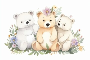 Obraz na płótnie Canvas drawing children's cubs sitting in flowers white background Generative AI