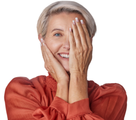 Beauty, hiding and portrait of mature woman isolated on transparent png background. Smile, covering and elderly model showing half face of facial expression, looking happy and playful for anti aging