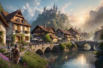Fantasy Village Along River with Arched Bridge, Castle on Mountain Top in Background Blue Cloudy Sky Generative AI Illustration