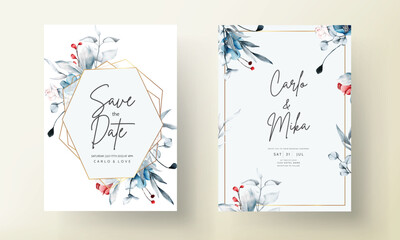 wedding invitation card template with red and blue flowers floral frame watercolor