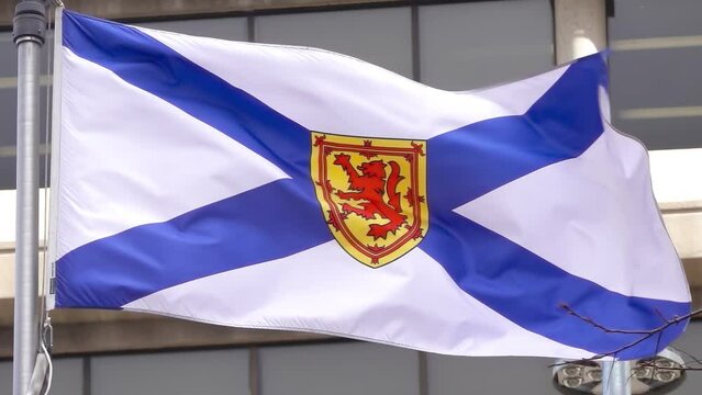 A waving of Flag of Nova Scotia. A blue saltire on a white field defaced with the royal arms of Scotland.
