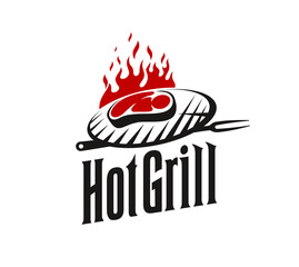 BBQ grill icon for barbecue restaurant, steak bar or steakhouse menu, vector meat and fork sign. Charcoal barbeque food and burger house emblem with steak meat on grate and fire flames