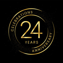24th anniversary, golden anniversary with a circle, line, and glitter on a black background.