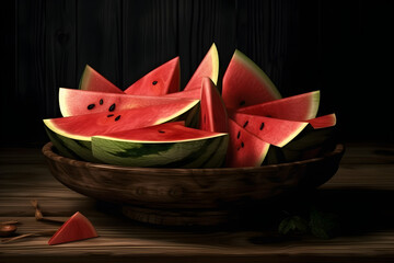 Slices of watermelon lie on a plate dark background. AI generated illustration.