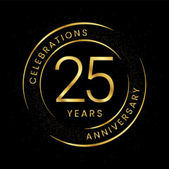 25th anniversary, golden anniversary with a circle, line, and glitter on a black background.