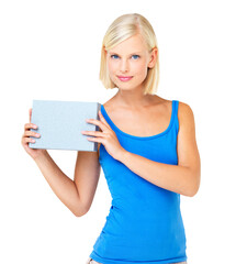 Portrait, box and woman with mockup space isolated on a transparent png background. Product placement, commercial and female person with package for advertising, marketing or promotion for branding.