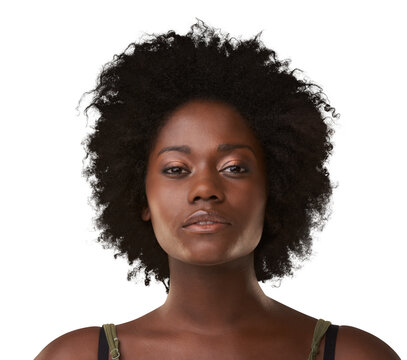 Portrait, makeup and beauty cosmetics with a black woman for natural hair care. Face headshot, glow and an afro hairstyle of an attractive young female model isolated on a transparent png background