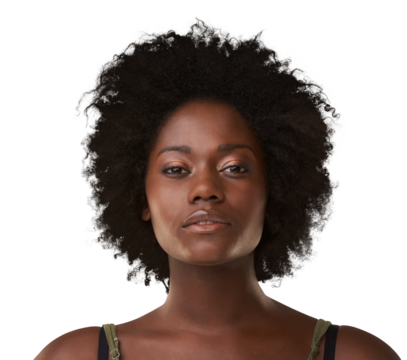 Portrait, makeup and beauty cosmetics with a black woman for natural hair care. Face headshot, glow and an afro hairstyle of an attractive young female model isolated on a transparent png background