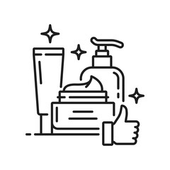 Skin care icons, face and hand cream or cosmetics bottles and containers, line vector. Skincare moisturizer tube, serum essence or body lotion with pump, facial cleanser, face wash or hair conditioner