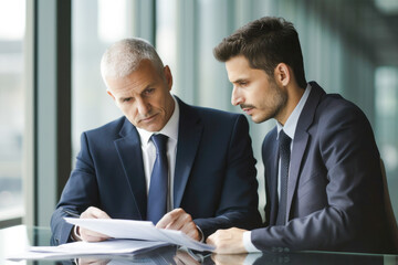Fototapeta premium Two businessmen discussing a project. Two serious caucasian men in suits discussing or planning business issues. High quality generative ai