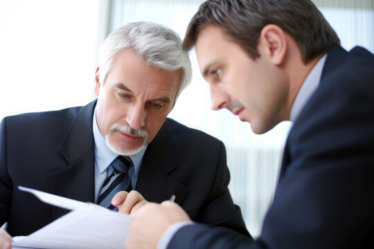 Two businessmen discussing a project. Two serious caucasian men in suits discussing or planning business issues. High quality generative ai