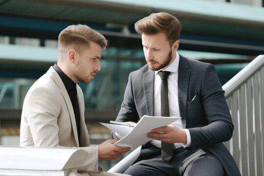 Two younger businessmen discussing a project. Two serious caucasian men in suits discussing or planning business issues. High quality generative ai
