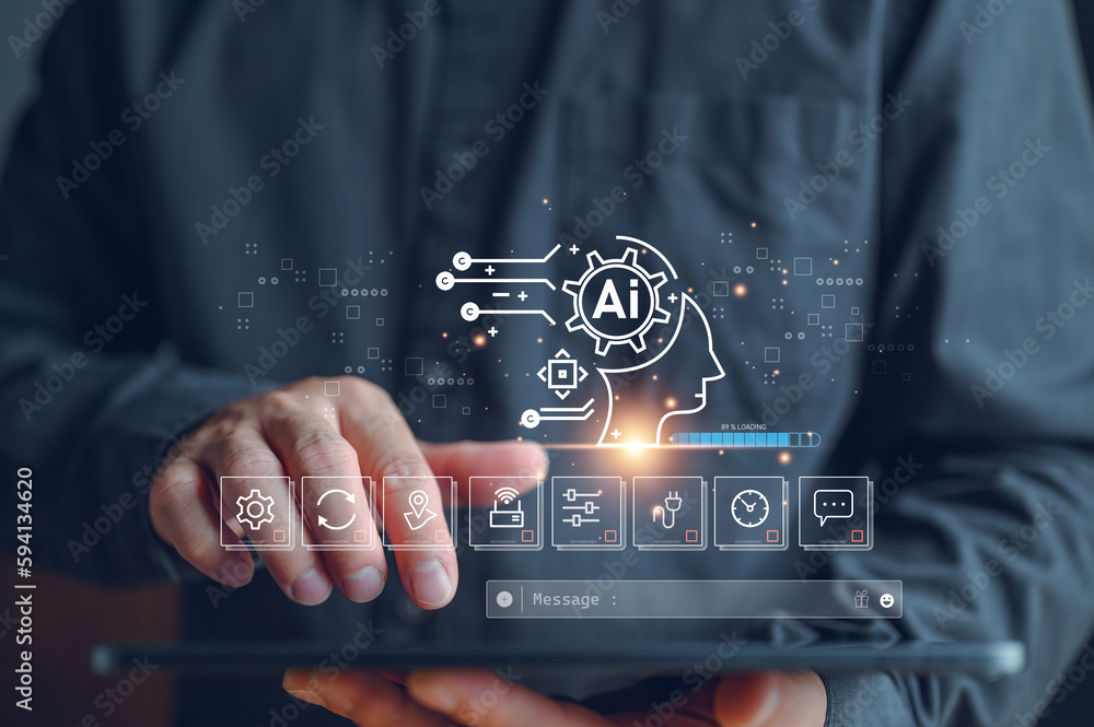 Leinwandbilder technology and people concept man use ai to help work, ai learning and artificial intelligence conce