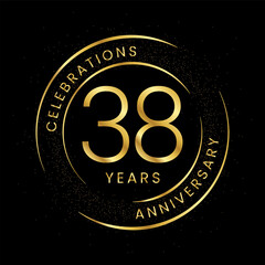 38th anniversary, golden anniversary with a circle, line, and glitter on a black background.