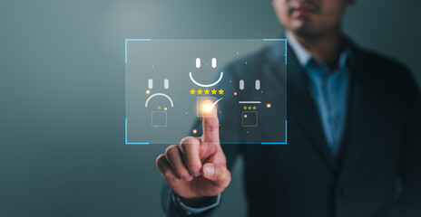 Man using smartphone choose happy smile relax face, good feedback rating, think positive, customer review, assessment, satisfaction, world mental health day, Calm mood, good mental health, good mood.