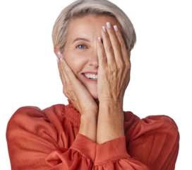 Happy, covering face and portrait of a woman isolated on a transparent png background. Smile, hiding and an elderly model showing half of facial expression, looking happy and playful for anti aging