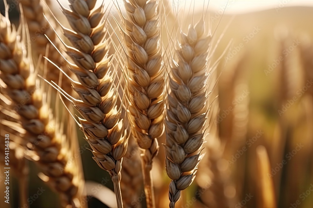 Wall mural field of golden wheat swaying in the wind. Generative AI