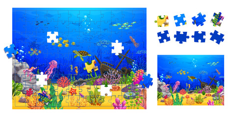 Fototapeta na wymiar Jigsaw puzzle underwater landscape pieces. Cartoon sunken ship, turtle and fish shoal. Vector educational game worksheet for preschool children activity with funny sea animals and fell out image parts
