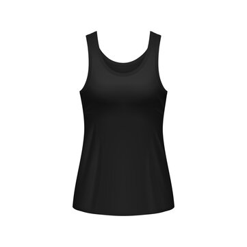 Woman black sleeveless tank top front view. Isolated vector realistic 3d female shirt or sports racerback singlet template. Garment, underwear mock up