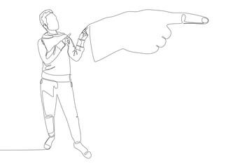 One continuous line of Man pointing with finger at a pointind hand. Thin Line Illustration vector concept. Contour Drawing Creative ideas.