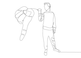 One continuous line of Man pointing with finger at a pointind hand. Thin Line Illustration vector concept. Contour Drawing Creative ideas.