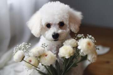 A cute white poodle puppy holds a bouquet of white flowers in its paws, Greeting card for, Women's Day, Birthday, Wedding, Generative AI