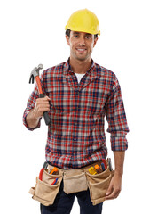 Man, portrait and construction worker with hammer, smile or architecture goal for engineering,...