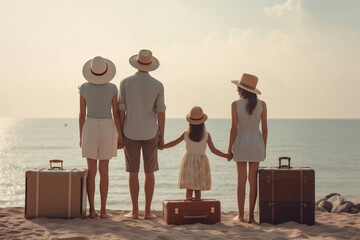 A family with children stands with suitcases and looks forward to a vacation at sea, Vacation dreams concept, Generative AI