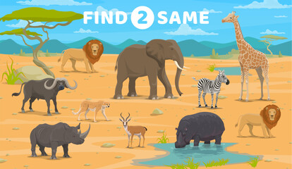 Find two same african savannah animals. Vector worksheet with zebra, rhino, buffalo, lion or hippo. Antelope, cheetah, elephant or giraffe cartoon characters. Kid game for visual cognition development © Vector Tradition