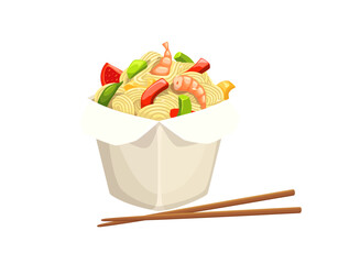 Cartoon wok noodles box with chopsticks, vector takeaway fast food of chinese cuisine. Takeout white paper container with asian seafood pasta, wok rice noodles or spaghetti with vegetables and prawns