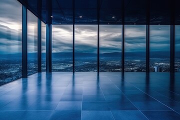 an empty room with a stunning panoramic view of the city skyline. Generative AI